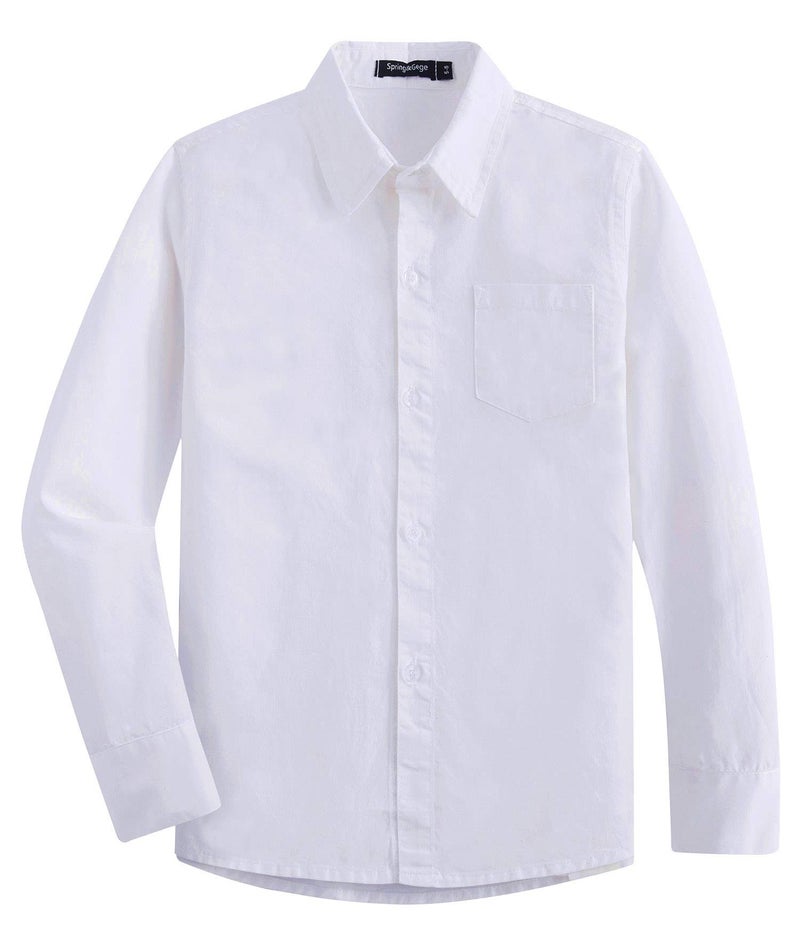 Spring&Gege Boys' Long Sleeve Woven Dress Shirt Formal School Uniform Button Down Shirt with Chest Pocket, White, 5-6 Years - Image 1